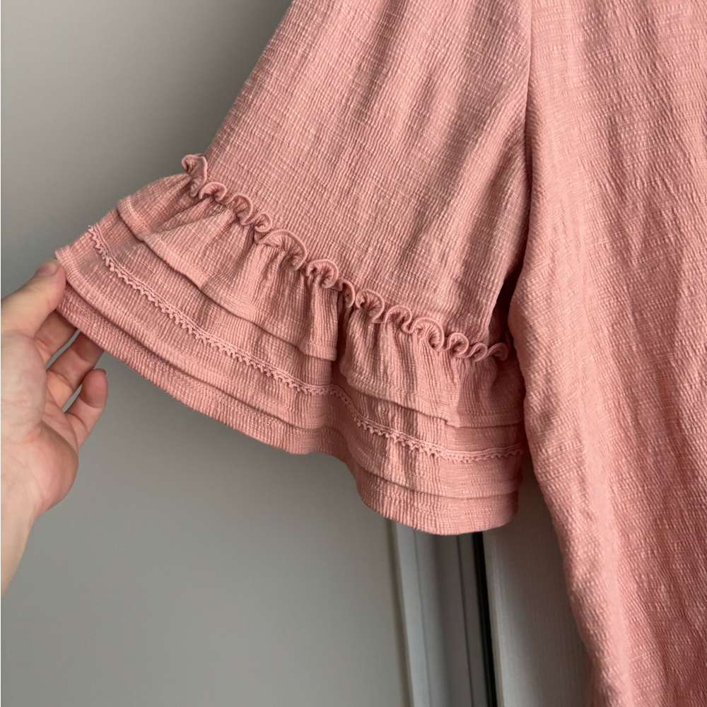 Zac & Rachel Blush V-Neck Blouse with Ruffled Sleeves - Picture 2 of 3